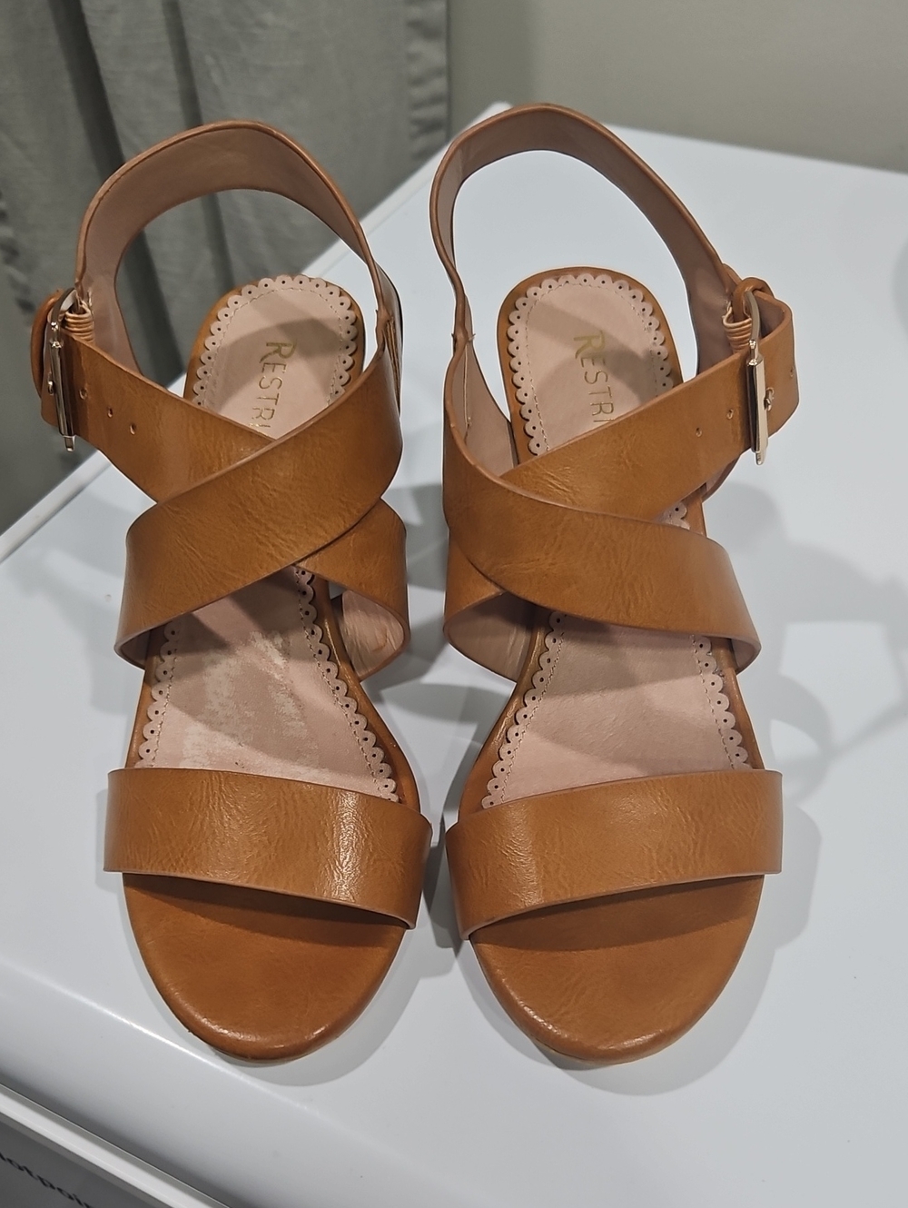 Restricted Tan Crisscross Ankle‑Buckle Sandals